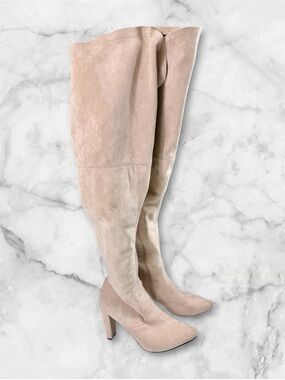 Shoe n' Tale beige faux suede thigh high heeled pointed toe boots size 8.5